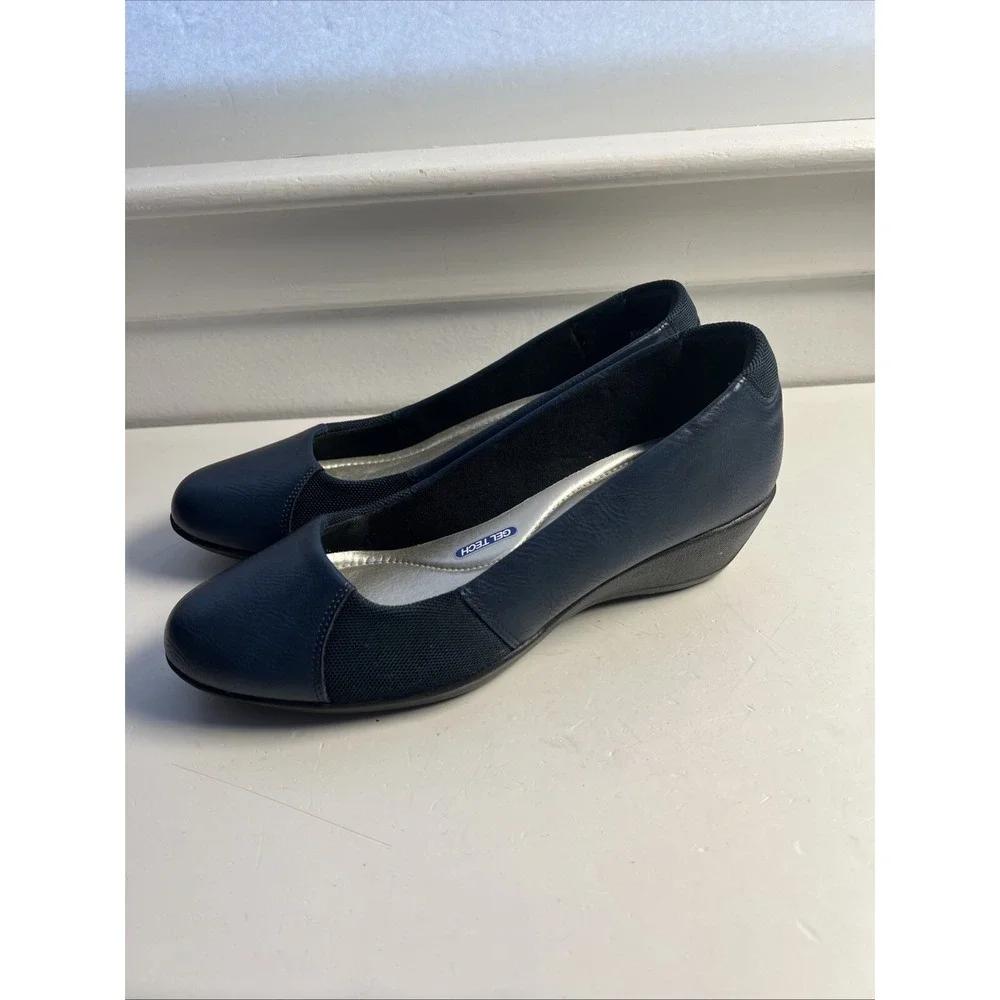 Annie Comfort Hattie‎ Gel Tech Blue  Size 8.5 Low Black Wedge Slip On Shoes